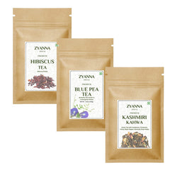 Hibiscus Tea + Blue Pea Tea + Kashmiri Kahwa (100g x 3) - ZYANNA® India - zyanna.com