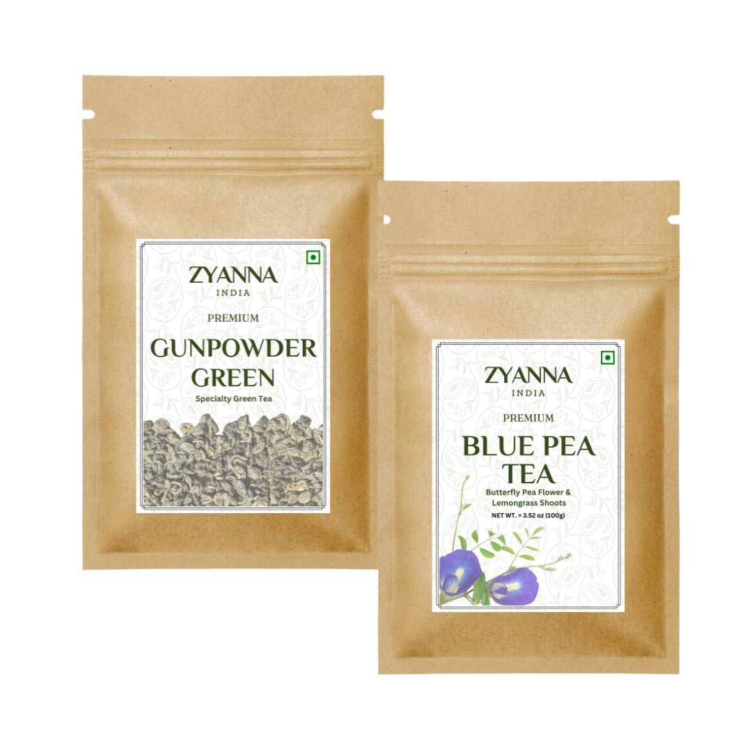 Gunpowder Green Tea & Blue Pea Tea (100g x 2) - ZYANNA® India - zyanna.com