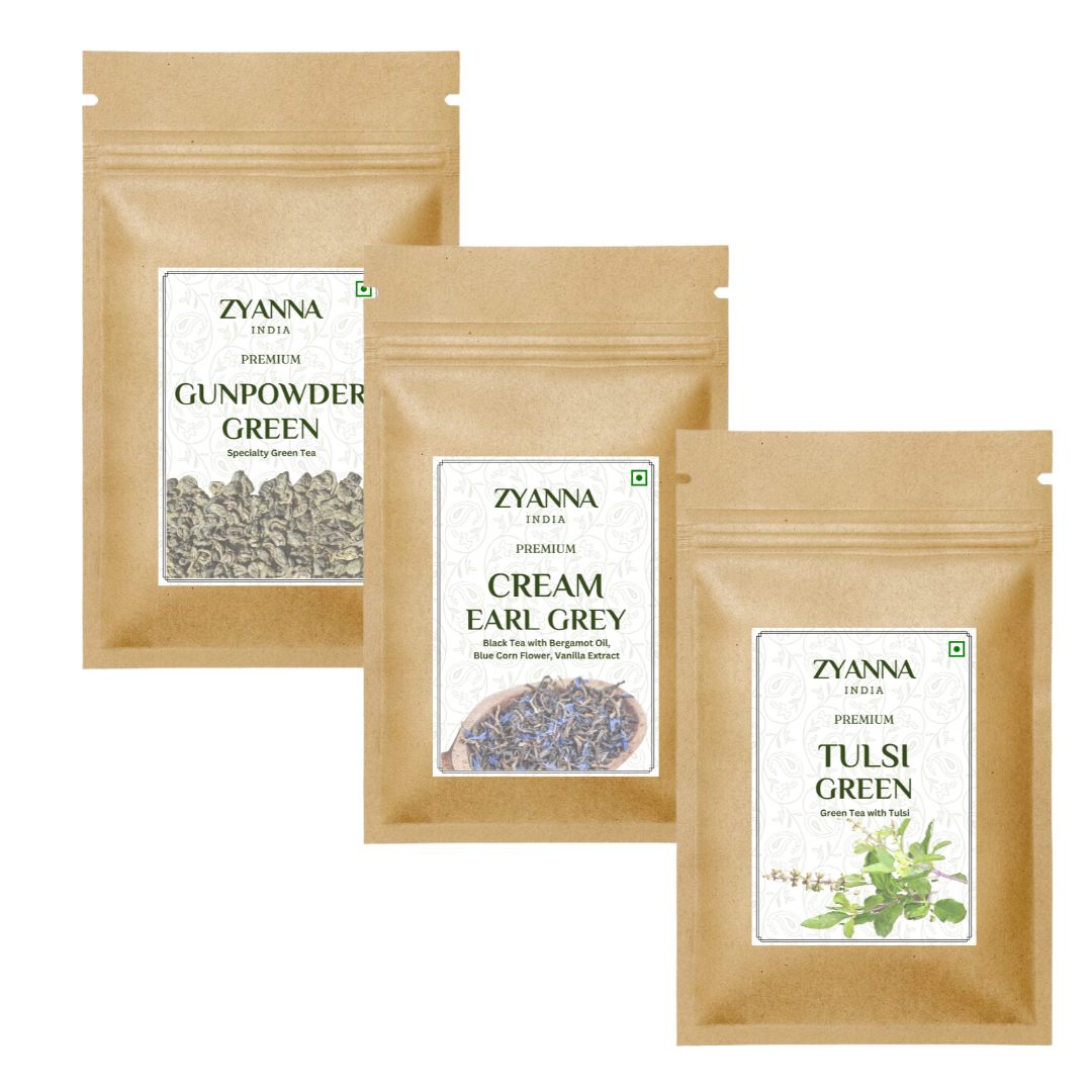 Gunpowder Tea +Cream Earl Grey + Tulsi Tea (100g x 3) - ZYANNA® India - zyanna.com