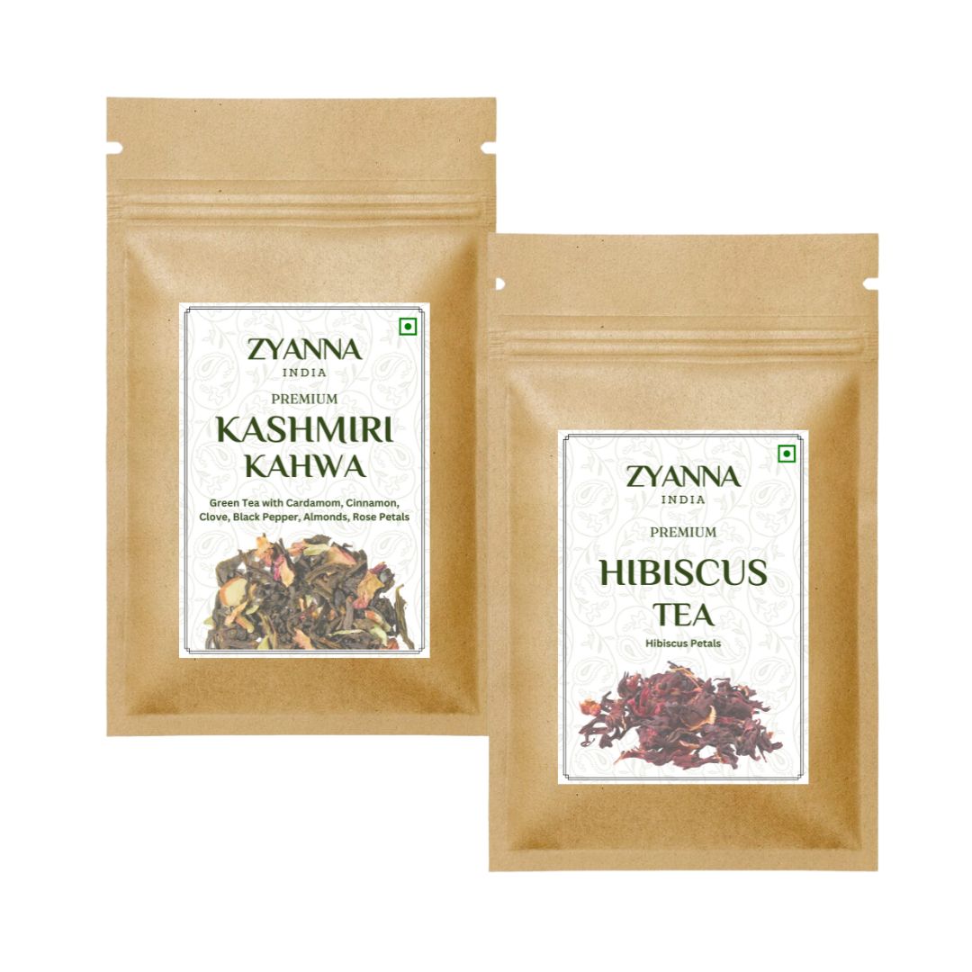Kashmiri Kahwa Tea & Hibiscus Tea (100g x 2) - ZYANNA® India - zyanna.com